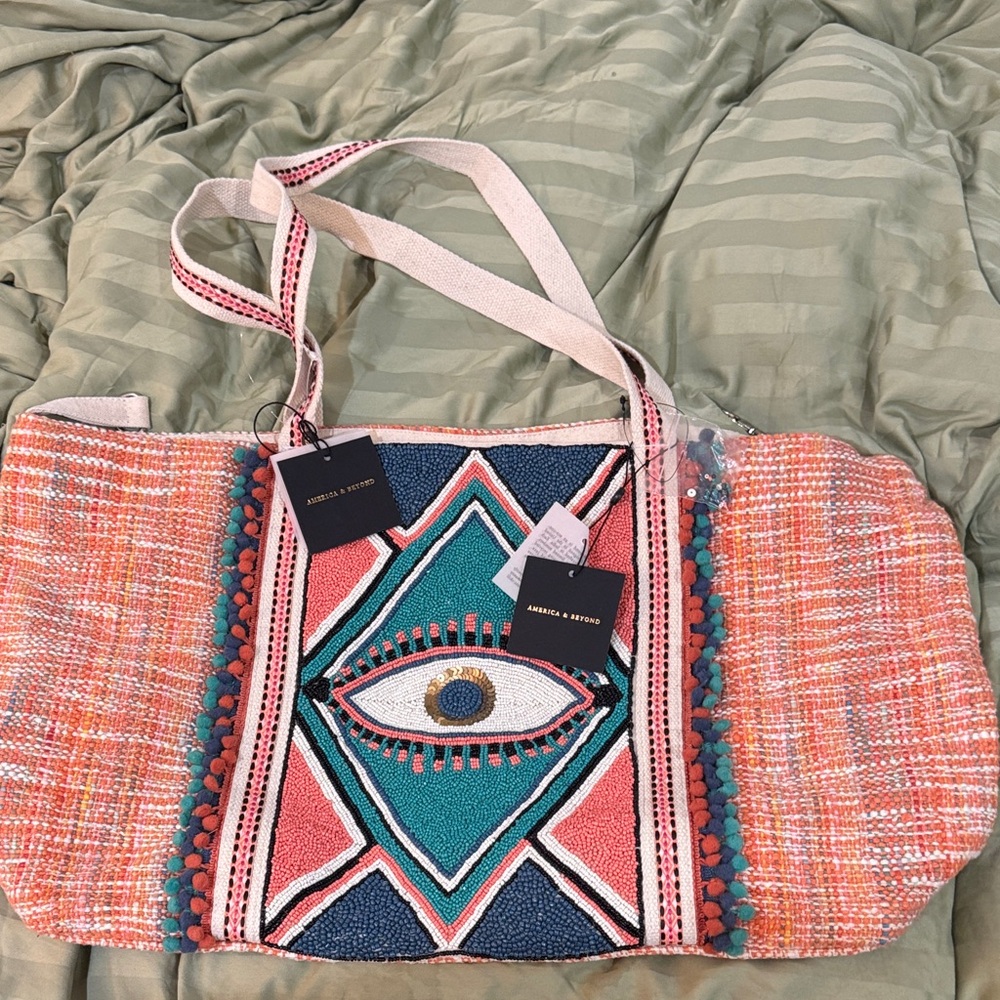 NWT America & Beyond Hand Beaded Orange Peach Aqua Evil Eye Embellished Tote Bag